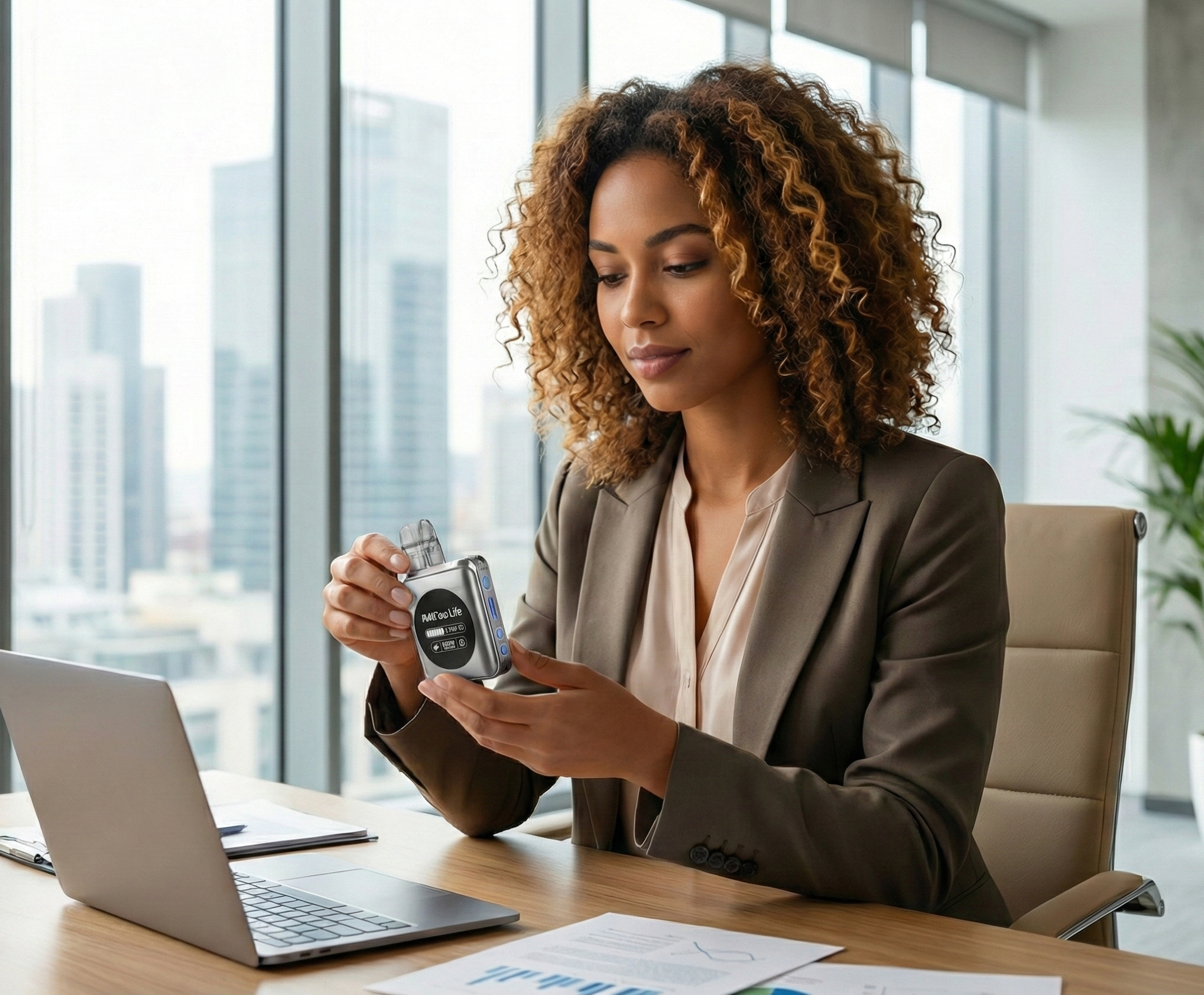 A young professional enjoying quitting using the PuffClear device.